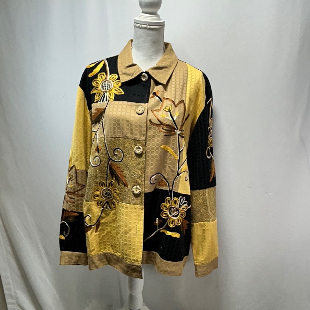 Indigo‎ Moon Embroidered Floral Jacket Women's Beige Black Yellow Button Front L